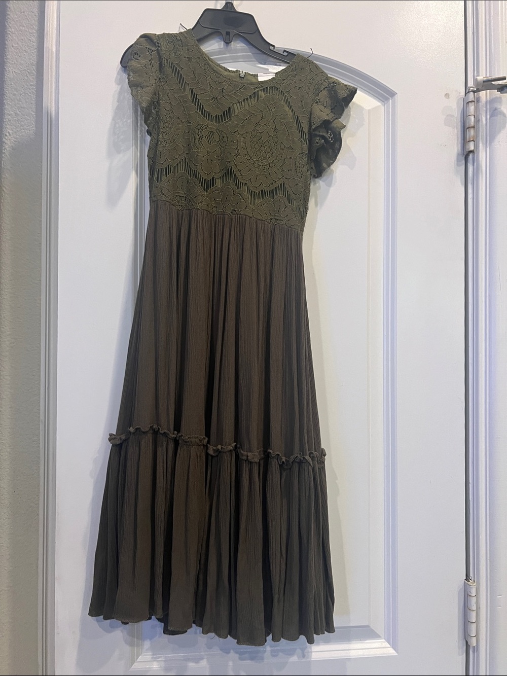Girls Olive Crochet Bodice Tiered Maxi Dress
